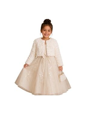 Belle Badgley Mischka Girls Ivory Rosette Faux Fur Cropped Jacket Medium